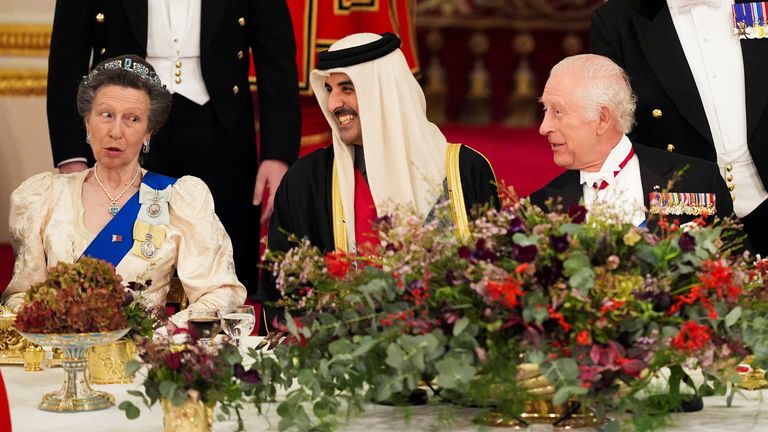 Princess Anne with the Emir of Qatar and the King. Pic: Reuters 