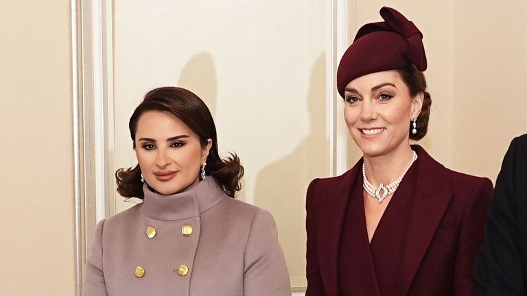 The Princess of Wales (right) greets Sheikha Jawaher, the wife of Emir of Qatar Sheikh Tamim bin Hamad Al Thani, in London, on behalf of the King, before the ceremonial welcome at Horse Guards Parade, for their state visit to the UK. Picture date: Tuesday December 3, 2024. PA Photo. See PA story ROYAL Qatar. Photo credit should read: Aaron Chown/PA Wire