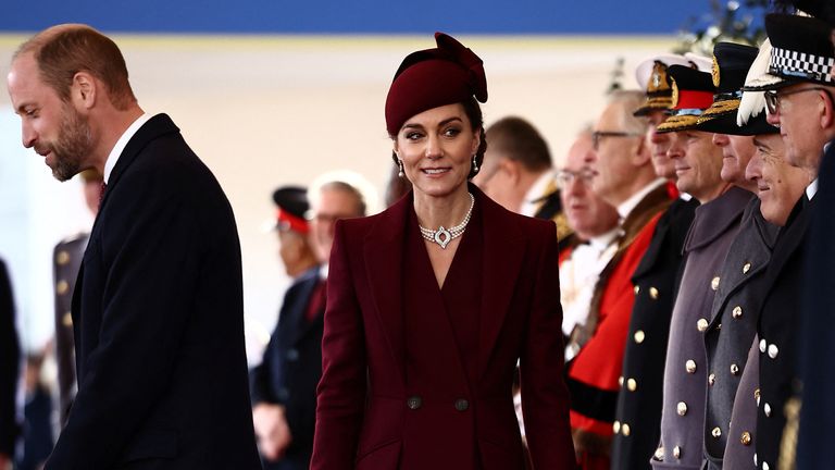 Britain's Catherine, Princess of Wales, greets dignitaries as she arrives ahead of a Ceremonial Welcome for the Emir of Qatar at the Horse Guards Parade in London on December 3, 2024, on the first day of their two-day State Visit to Britain. The Emir of Qatar and his wife are in the UK for a two-day state visit, hosted by Britain's King. HENRY NICHOLLS/Pool via REUTERS