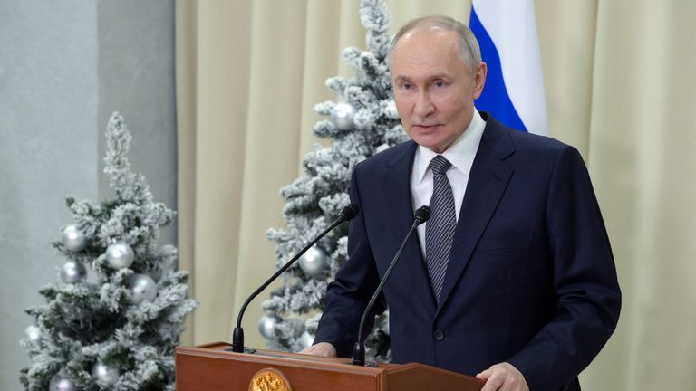 Vladimir Putin speaks during a press conference on Boxing Day in the Leningrad region. Pic: Reuters