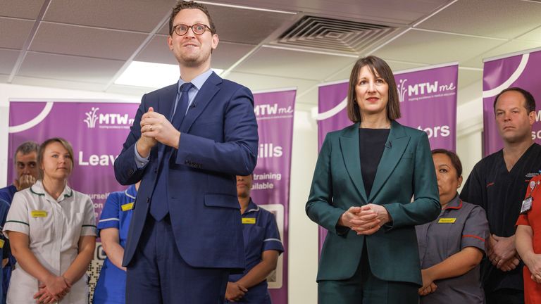 Rachel Reeves and Darren Jones speak with NHS staff during a visit to Maidstone Hospital .
Pic: PA