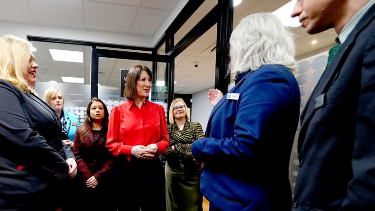 The Chancellor of the Exchequer Rachel Reeves  during a visit to the Darwen Banking Hub in Darwen, Lancashire. 
Pic: PA