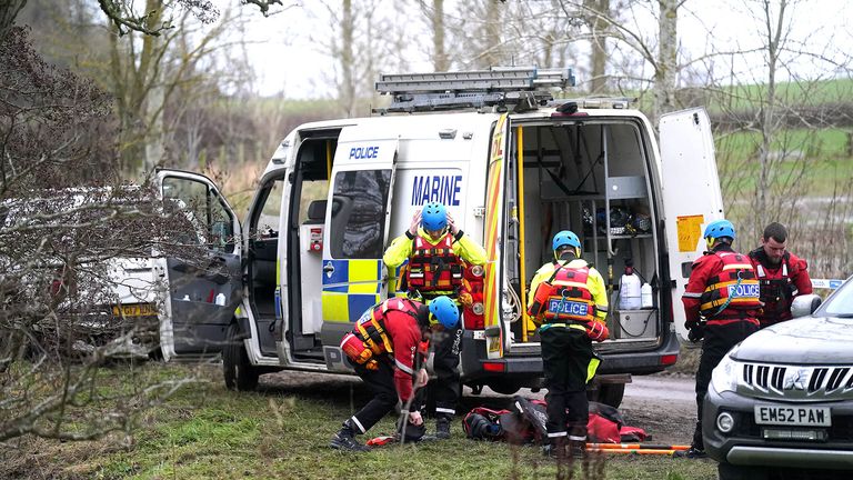 Members of the Police Marine Unit at the scene at Abberwick Ford on the River Aln near Alnwick.
Pic: PA