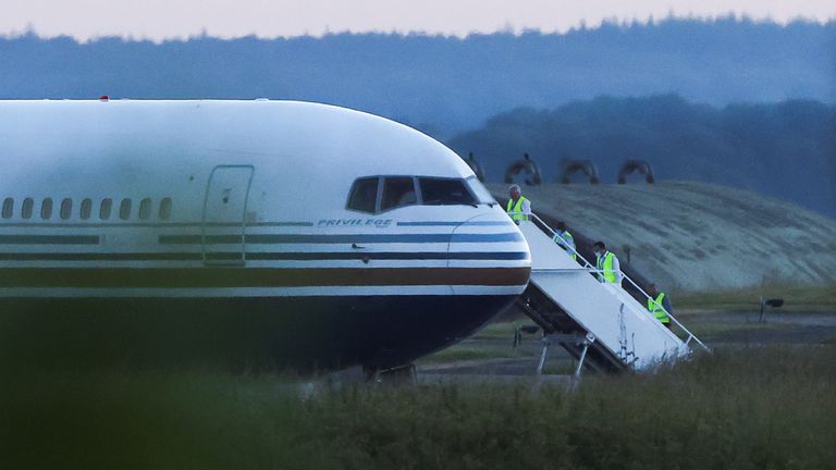 This was thought to be one of the planes that officials planned to use to transport migrants to Rwanda. Pic: Reuters