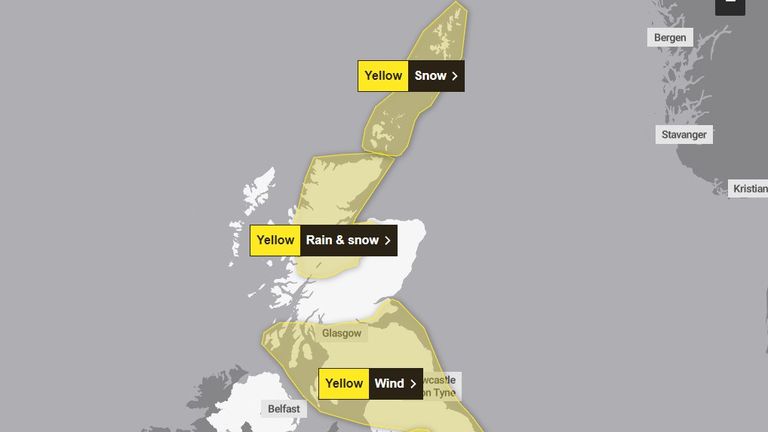 Three different warnings cover Scotland on Tuesday alone. Pic: Met Office