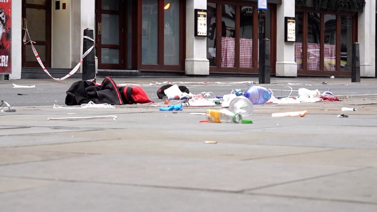 The scene on Shaftesbury Avenue in central London after four people were injured, one seriously, by a car which was driven onto a pavement in central London in the early hours of Christmas Day. A 31-year-old man has been arrested on suspicion of attempted murder. Picture date: Wednesday December 25, 2024.
