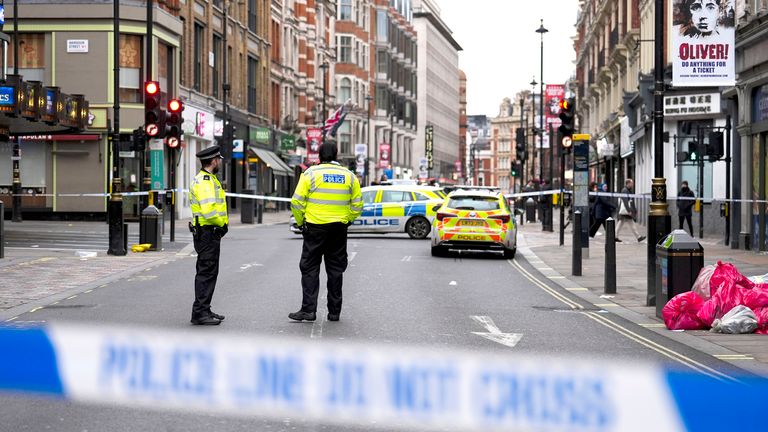 A cordon is in place on Shaftesbury Avenue in London's West End outside the Sondheim Theatre