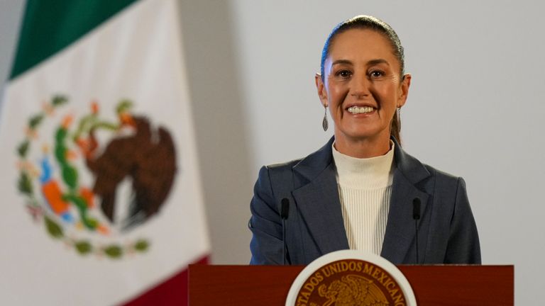 FILE - Mexican President Claudia Sheinbaum gives a media briefing from the National Palace in Mexico City, Wednesday, Oct. 2, 2024, the morning after her inauguration. (AP Photo/Fernando Llano, File)