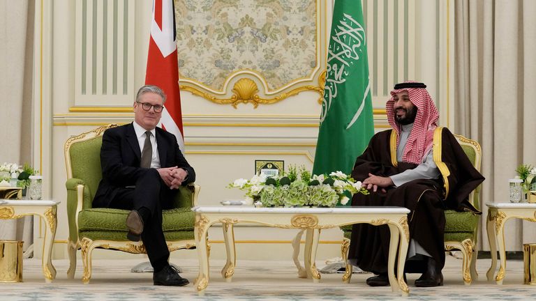 Prime Minister Sir Keir Starmer meets Saudi Arabian Crown Prince Mohammed bin Salman Al Saud at the Royal Court in Riyadh, Saudi Arabia, during his three-day trip to the United Arab Emirates, Saudi Arabia, and Cyprus. Picture date: Monday December 9, 2024.

