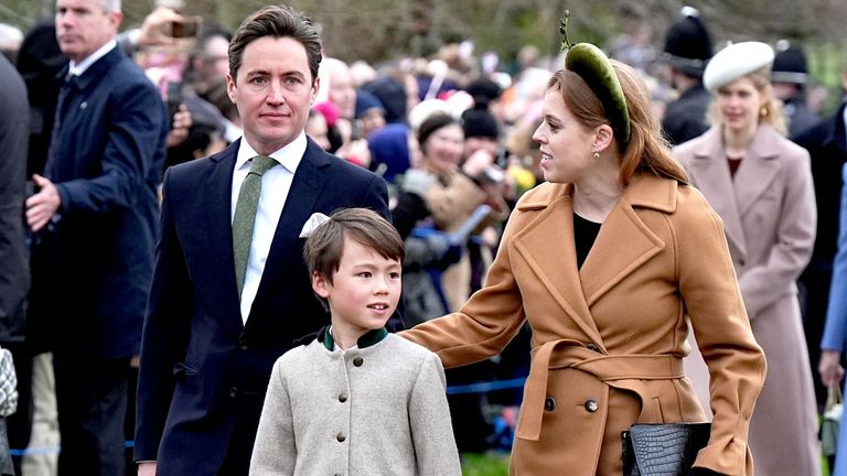 Princess Beatrice, Edoardo Mapelli Mozzi and Christopher Woolf attending the Christmas Day morning church service at St Mary Magdalene Church in Sandringham.
Pic: PA