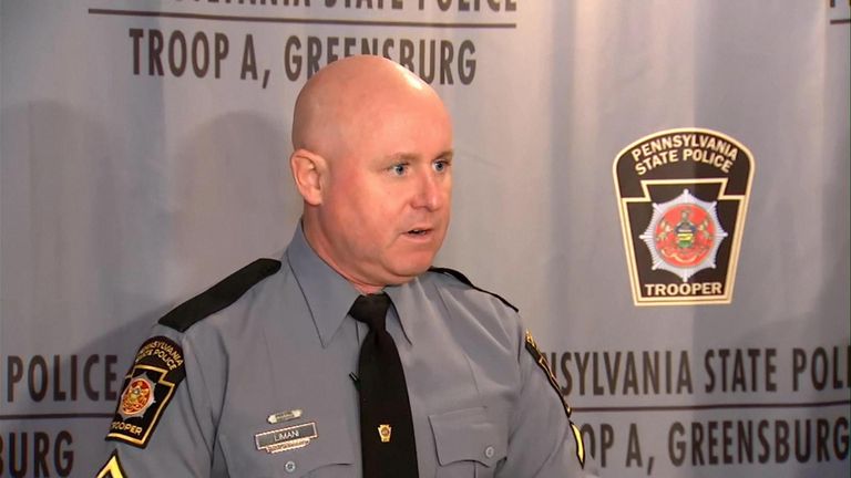 Pennsylvania State Police spokesperson, Trooper Steve Limani. Screengrab from presser. No credit required - sourced via NBC. He is talking about the search for Elizabeth Pollard who's believed to have fallen into a sinkhole.