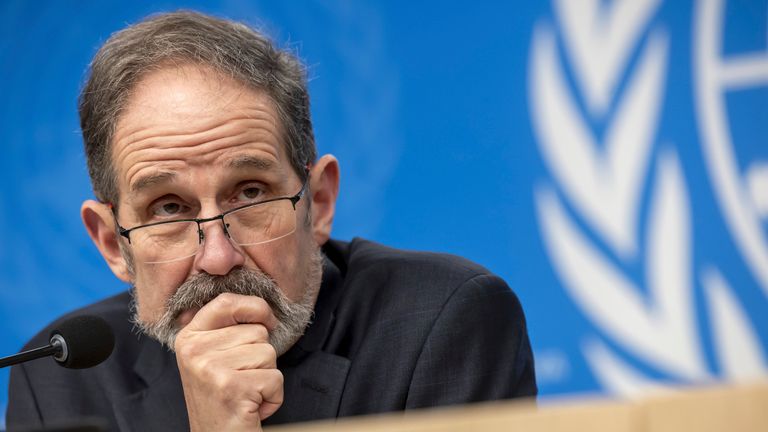 Robert Petit, Head of the International, Impartial and Independent Mechanism Investigating Serious Crimes in Syria, talks to the media during a press briefing at the European headquarters of the United Nation in Geneva, Switzerland, Tuesday, Dec. 17, 2024. (Salvatore Di Nolfi/Keystone via AP)


