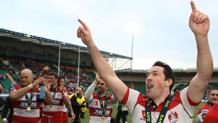 Gloucester's wing Tom Voyce celebrates their 34-7 win with fans after beating Newcastle Falcons during the LV=Cup Final at Franklins Gardens, Northampton.
