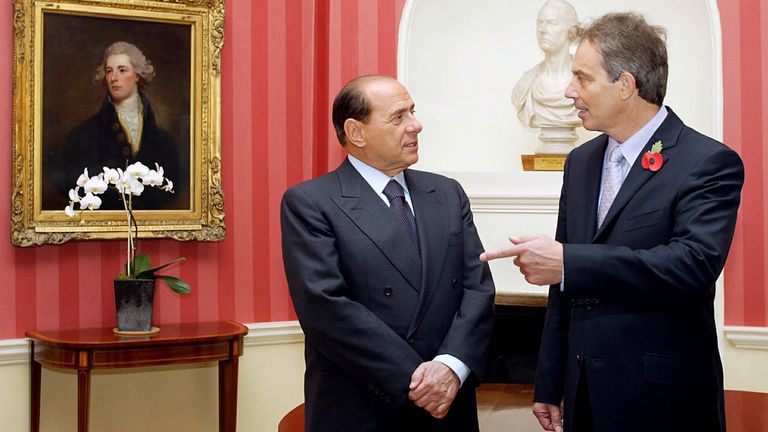 Tony Blair with Silvio Berlusconi inside number 10 Downing Street. 