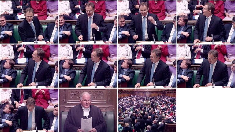 Left to right: 1) Prime Minister Tony Blair answers a question from Michael Howard; 2) the first missile arrives (visible above wooden seat back in the space between TB and John Prescott; 3) JP watches the missile hit the seat behind TB; 4 ) TB and JP look up to see where the missile came from; 5) second missile arrives ( above and to left of TB); 6), 7) and 8) second missile hits TB on back; 9) TB looks at notes on despatch box; 10) Speaker suspends the house; 11) MP leave.
Pic: PA