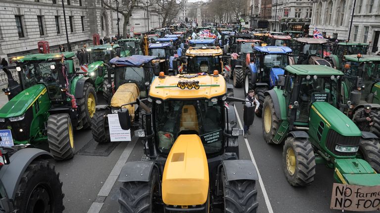 Tractors parked on Whitehall during a protest by farmers in Westminster.
Pic: PA