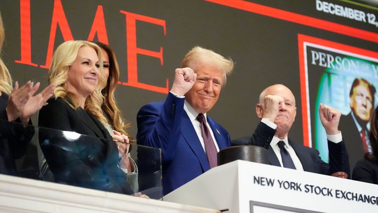 President-elect Donald Trump gestures after ringing the opening bell at the New York Stock Exchange, Thursday, Dec. 12, 2024, in New York. (AP Photo/Alex Brandon)