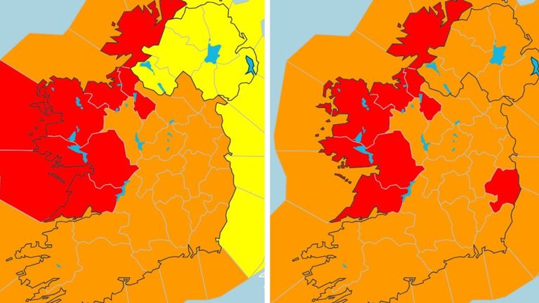 The weather warnings across Ireland for Friday (L) and Saturday (R). Pics: Met Eireann