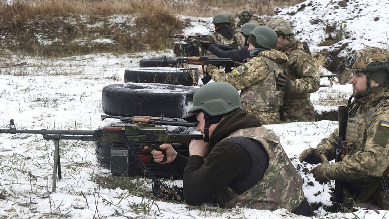 Ukrainian citizens being trained in Kharkiv earlier this month. Pic: AP