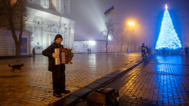 A man plays the accordion near Ukraine's main Christmas tree in Sophia Square on Christmas Eve, amid Russia's attack on Ukraine, in Kyiv, Ukraine, December 24, 2024. REUTERS/Thomas Peter

