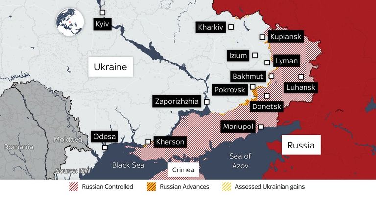 Here are the latest updates from the Ukraine-Russia front in maps, including Russia's gains in the Donetsk region (see 6.54am and 10.40am posts).

