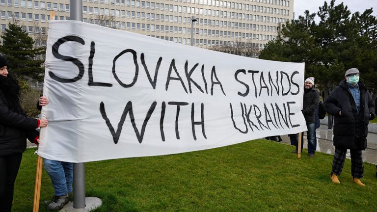 Demonstrators attend an anti-government protest after Slovak Prime Minister Robert Fico met with Vladimir Putin in Moscow. Pic: Reuters