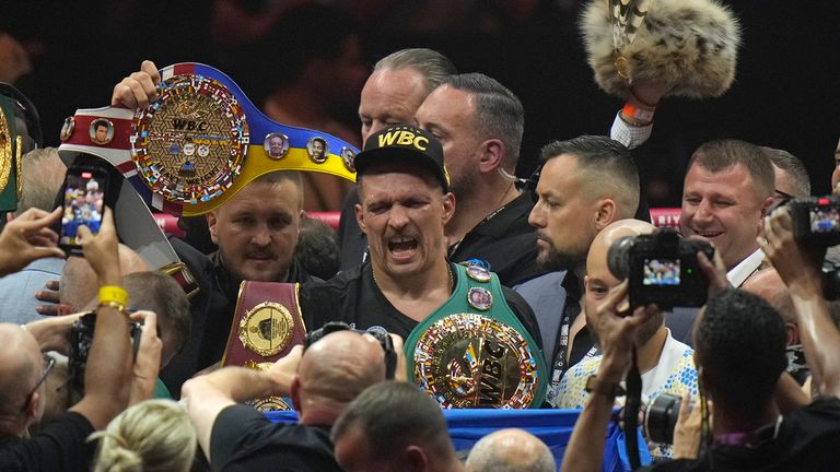 Ukraine's Oleksandr Usyk celebrates after beating Britain's Tyson Fury in their undisputed heavyweight world championship boxing fight at the Kingdom Arena in Riyadh, Saudi Arabia, Sunday, May 19, 2024. (AP Photo/Francisco Seco)