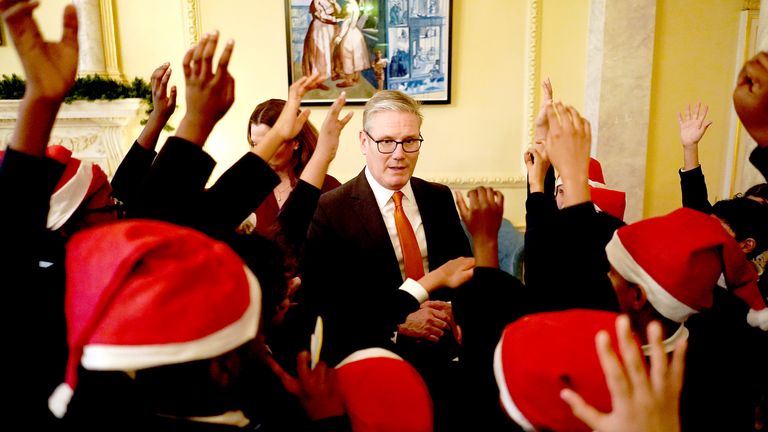 Keir and Victoria Starmer host a Christmas party for children from four schools across London, and children supported by Action for Children and young carers from The Honeypot Charity in 10 Downing Street. 
Pic: PA