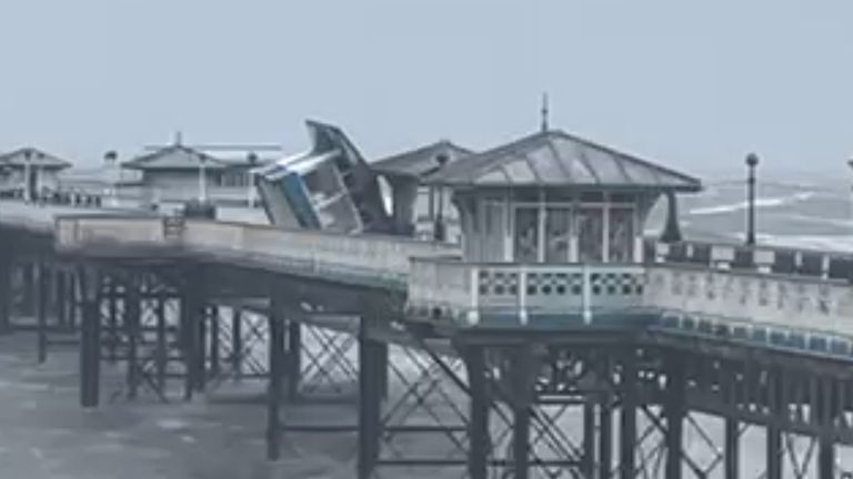 Llandudno Pier,  in North Wales, was highly damaged by Storm Darragh.