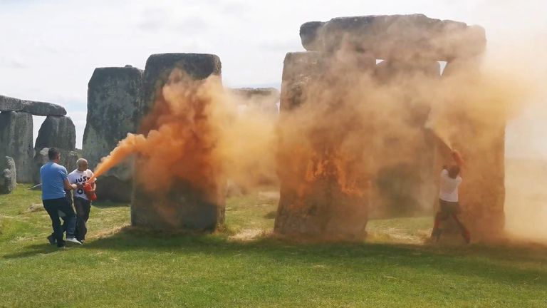 Pic: Just Stop Oil/PA

Screen grab taken from handout video of Just Stop Oil protesters spraying an orange substance on Stonehenge. Picture date: Wednesday June 19, 2024. PA Photo. See PA story POLICE Stonehenge. Photo credit should read: Just Stop Oil/PA Wire