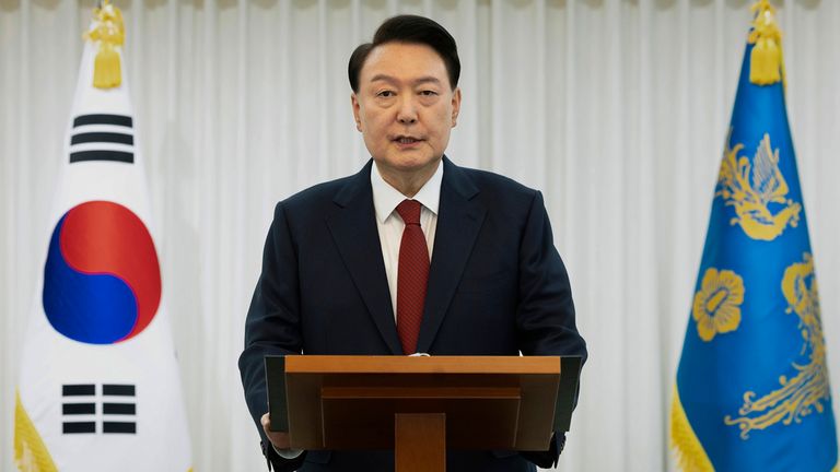 Yoon Suk Yeol speaks at the presidential residence in Seoul on the day he was impeached. Pic: AP