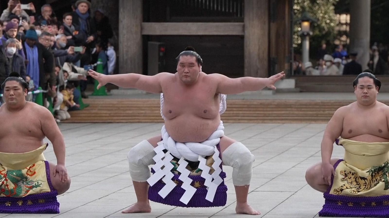 Japan's Sumo Grand Champion, Terunofuji, performed an annual sumo ...