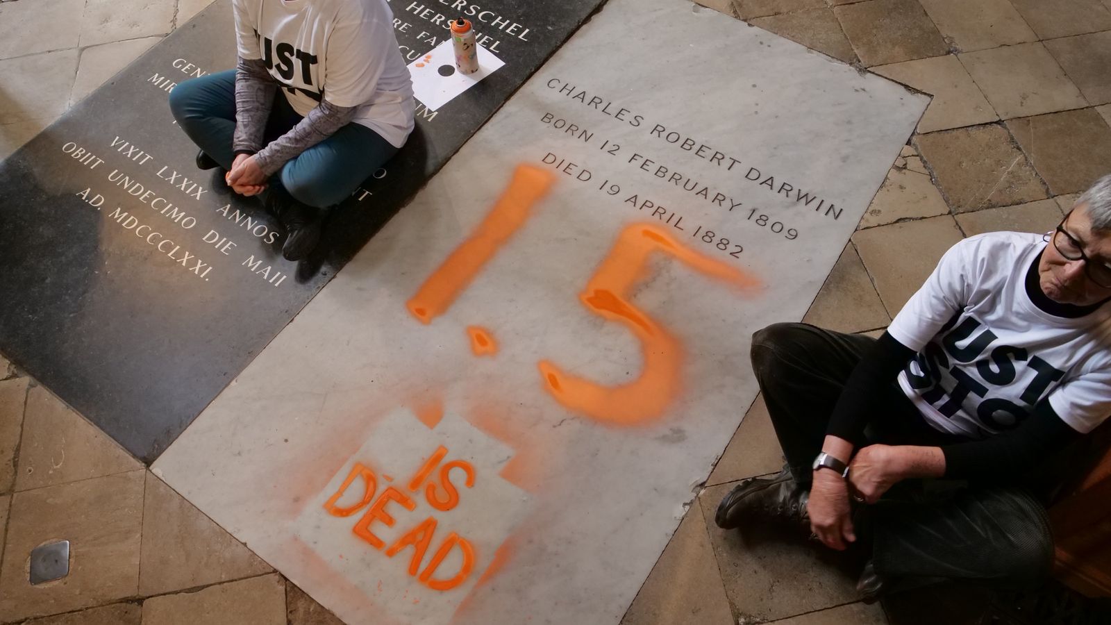 Just Stop Oil protesters spray-paint '1.5 is dead' on Charles Darwin's grave