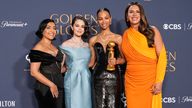 Adriana Paz, from left, Selena Gomez, Zoe Saldana, winner of the award for best performance by a female actor in a supporting role in any motion picture for "Emilia Perez," and Karla Sofia Gascon pose in the press room during the 82nd Golden Globes on Sunday, Jan. 5, 2025, at the Beverly Hilton in Beverly Hills, Calif. (AP Photo/Chris Pizzello)