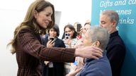 The Princess of Wales hugs Rebecca Mendelhson during a visit to the Royal Marsden Hospital
Pic: PA