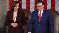 Kamala Harris and Speaker of the House Mike Johnson attend a joint session of Congress to certify Donald Trump's election. Pic: Reuters
