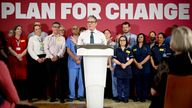 Keir Starmer delivers a speech during a visit to Elective Orthopaedic Centre in Epsom, Surrey, to highlight his "plan for change" commitments on health. 
Pic: Reuters