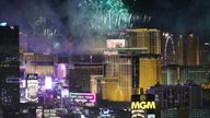 Fireworks celebrating the new year explode over Las Vegas Strip casinos just after midnight Wednesday, Jan. 1, 2025, in Las Vegas. (Steve Marcus/Las Vegas Sun via AP)