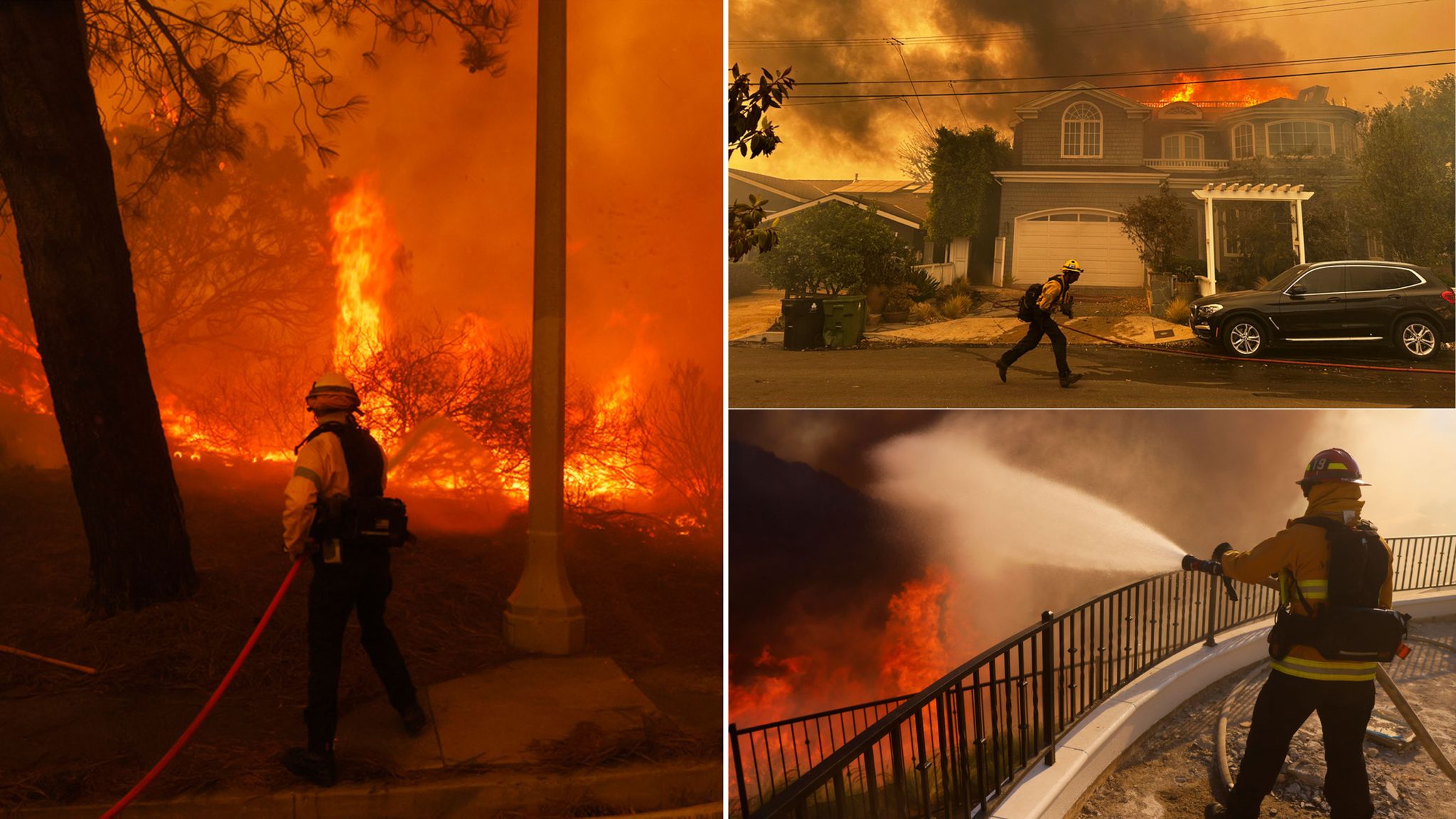 California firefighters battling wildfire sweeping exclusive Los ...