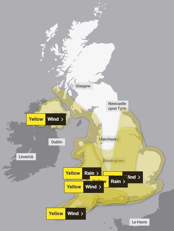 Weather warnings for Sunday. Pic: Met Office