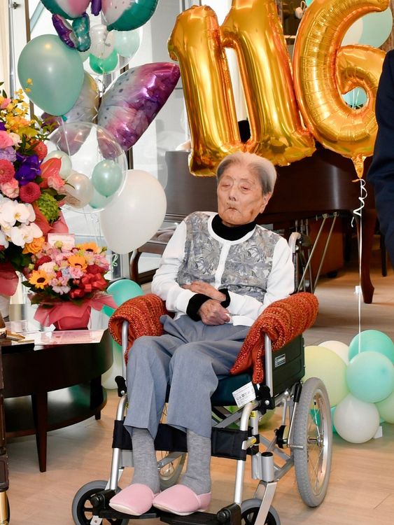 This photo provided by Ashiya City shows Tomiko Itooka celebrating her 116th birthday at a special nursing home in Ashiya, western Japan, on May 23, 2024. (Ashiya City, Associated Press)