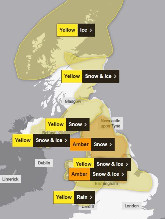 Map detailing where weather warnings are in place today. Pic: Met Office