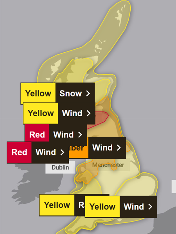 The Met Office has issued rare red weather warnings for Northern Ireland and parts of Scotland ahead of Storm Eowyn. Pic: Met Office