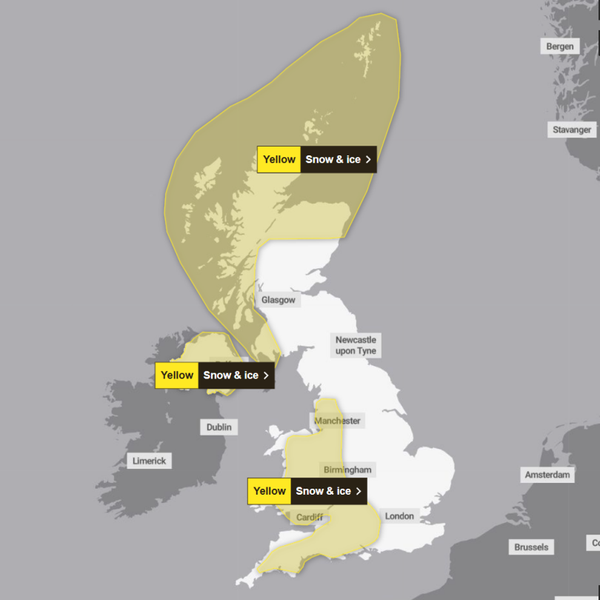 Met Office yellow weather warnings for snow and ice on Monday 6 and Tuesday 7 of January. Pic: Met Office