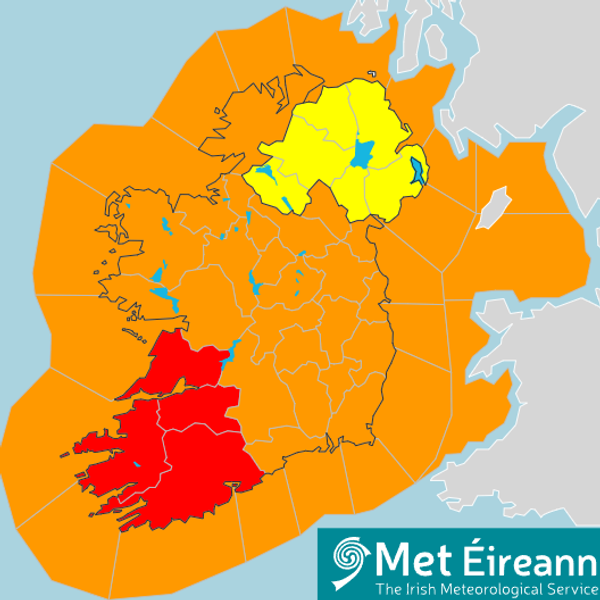 Orange and red warnings issued for Storm Éowyn 24/01/2024 
Source: Met Éireann https://www.met.ie/