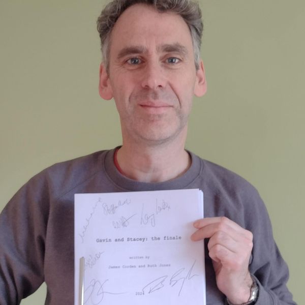 Robert Wilfort, holding a signed script of the Gavin & Stacey finale.  Pic: The Theatre Shed