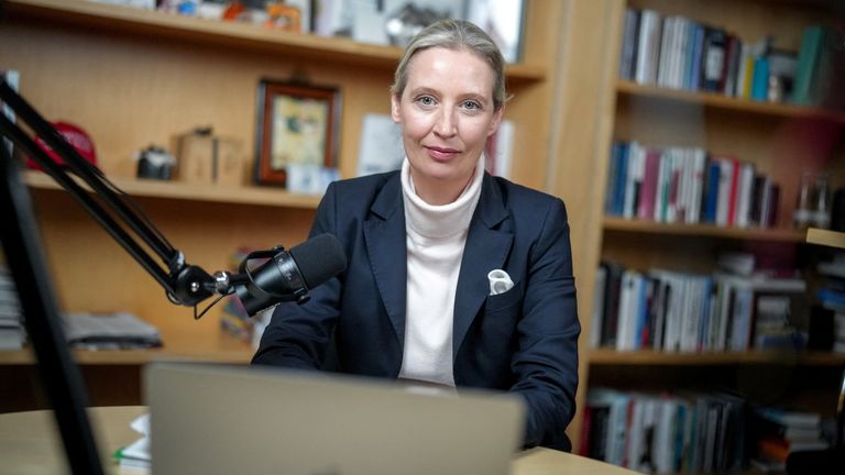 Alice Weidel, co-leader of Germany’s far-right party AfD (Alternative fuer Deutschland) is pictured in her office before a virtual talk event with U.S. billionaire Elon Musk on his platform X in Berlin, Germany, January 9, 2025. Kay Nietfeld/Pool via REUTERS