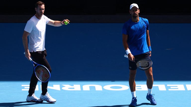 Novak Djokovic training with coach Andy Murray in Melbourne Park on Thursday. Pic: Reuters 