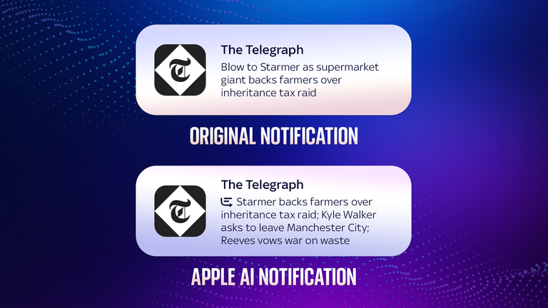 A mock up shows the comparison between a Telegraph headline and the Apple AI summary