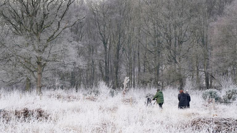 A family walk across Hothfield Common in frosty conditions near Ashford in Kent.
Pic: PA